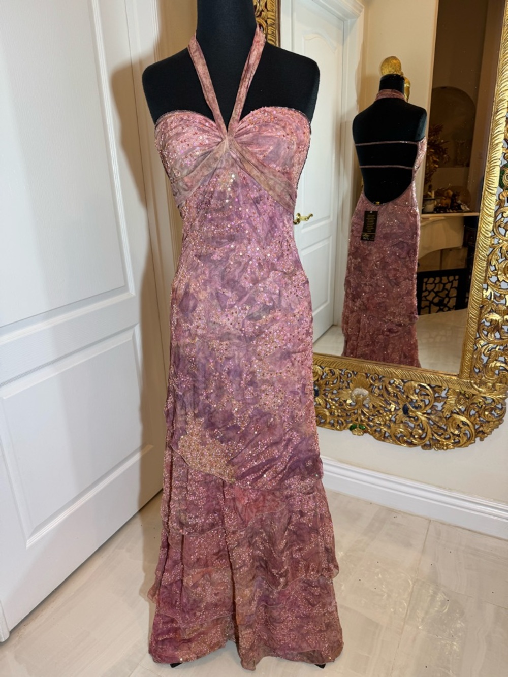 Sparkling hand beaded, layered skirt Mauve Halter Maxi Dress stretch fabric - Picture 13 of 16